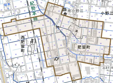 肥留町とその周辺の地図。町の範囲を重ねている