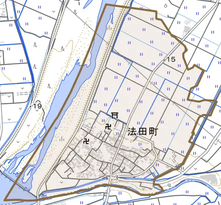 法田町とその周辺の地図。町の範囲を重ねている