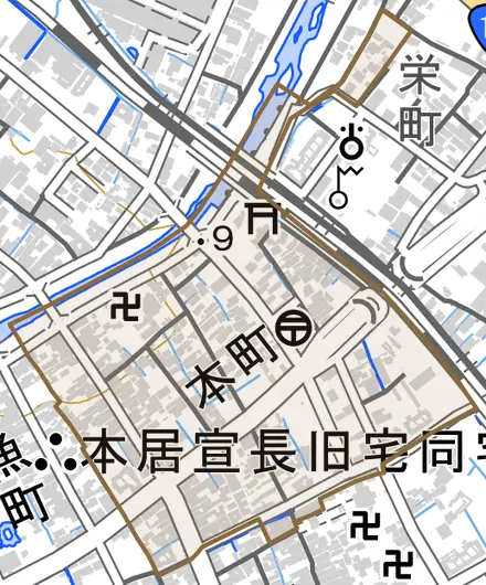 本町とその周辺の地図。町の範囲を重ねている