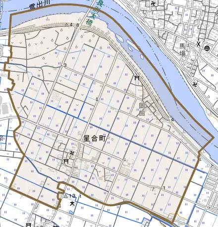 星合町とその周辺の地図。町の範囲を重ねている