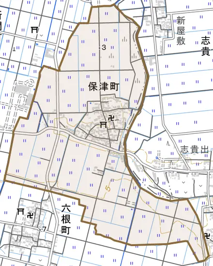 保津町とその周辺の地図。町の範囲を重ねている