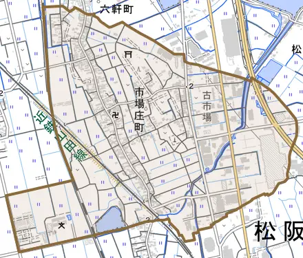 市場庄町とその周辺の地図。町の範囲を重ねている