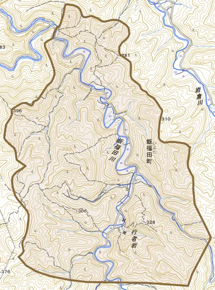 飯福田町とその周辺の地図。町の範囲を重ねている