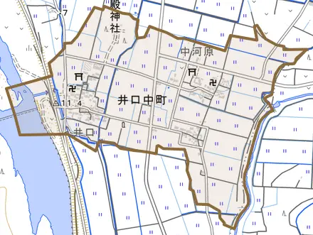 井口中町とその周辺の地図。町の範囲を重ねている