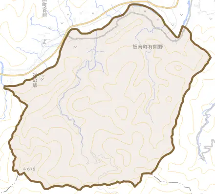飯南町有間野とその周辺の地図。町の範囲を重ねている