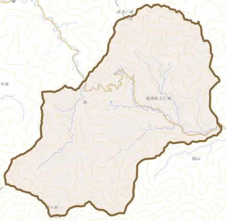 飯南町上仁柿とその周辺の地図。町の範囲を重ねている