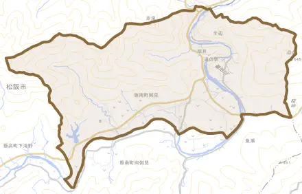 飯南町粥見とその周辺の地図。町の範囲を重ねている
