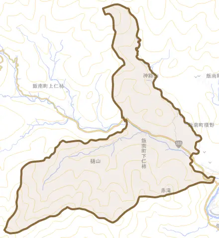 飯南町下仁柿とその周辺の地図。町の範囲を重ねている