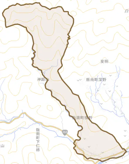 飯南町横野とその周辺の地図。町の範囲を重ねている