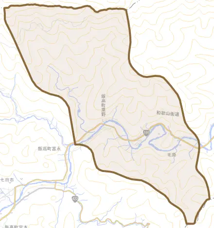 飯高町粟野とその周辺の地図。町の範囲を重ねている