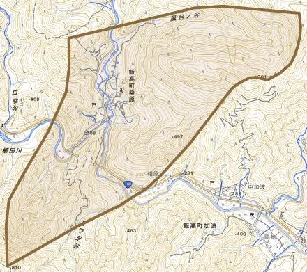 飯高町桑原とその周辺の地図。町の範囲を重ねている
