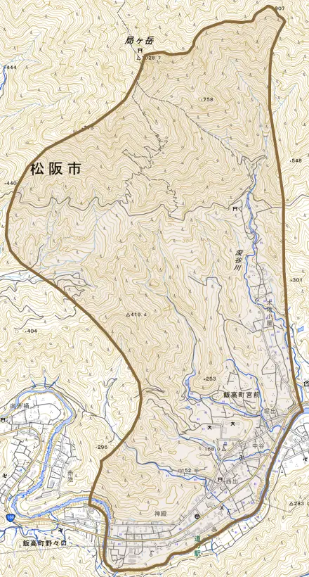 飯高町宮前とその周辺の地図。町の範囲を重ねている