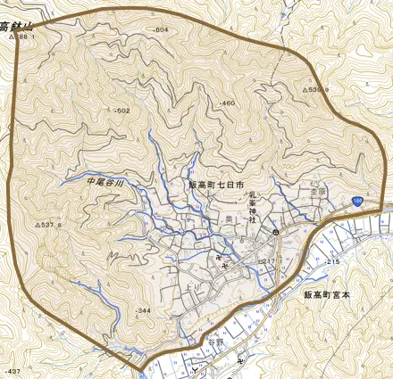 飯高町七日市とその周辺の地図。町の範囲を重ねている