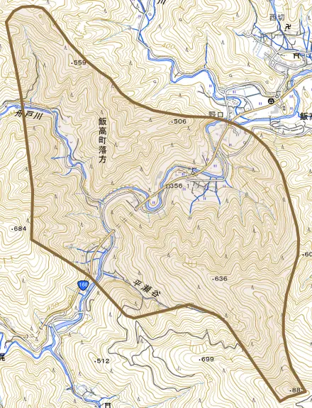 飯高町落方とその周辺の地図。町の範囲を重ねている