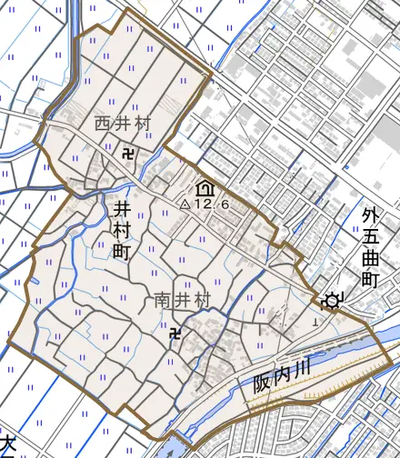 井村町とその周辺の地図。町の範囲を重ねている