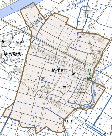 稲木町とその周辺の地図。町の範囲を重ねている