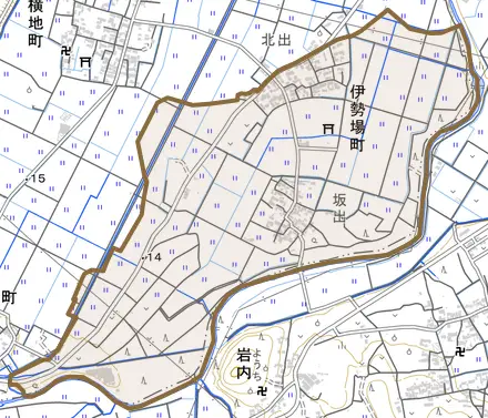 伊勢場町とその周辺の地図。町の範囲を重ねている