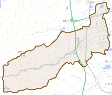 伊勢寺町とその周辺の地図。町の範囲を重ねている