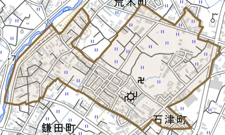 石津町とその周辺の地図。町の範囲を重ねている