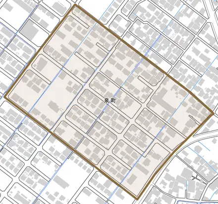 泉町とその周辺の地図。町の範囲を重ねている