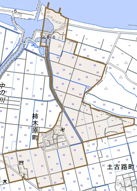 柿木原町とその周辺の地図。町の範囲を重ねている