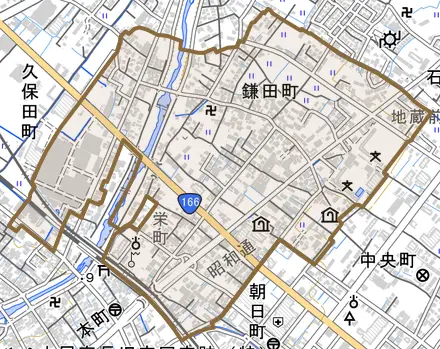 鎌田町とその周辺の地図。町の範囲を重ねている