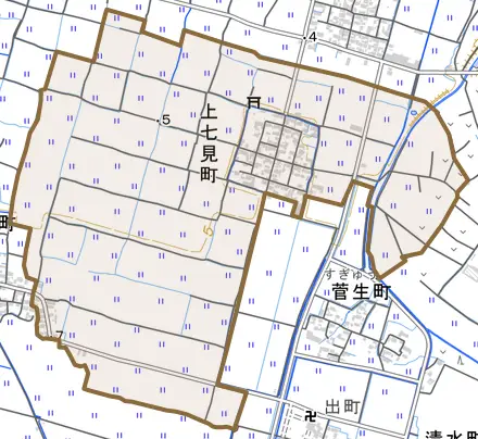 上七見町とその周辺の地図。町の範囲を重ねている