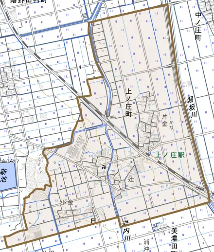 上ノ庄町とその周辺の地図。町の範囲を重ねている