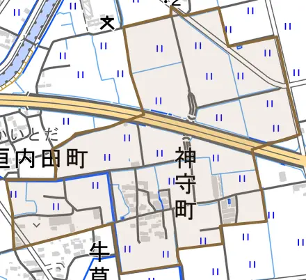 神守町とその周辺の地図。町の範囲を重ねている