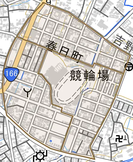 春日町とその周辺の地図。町の範囲を重ねている