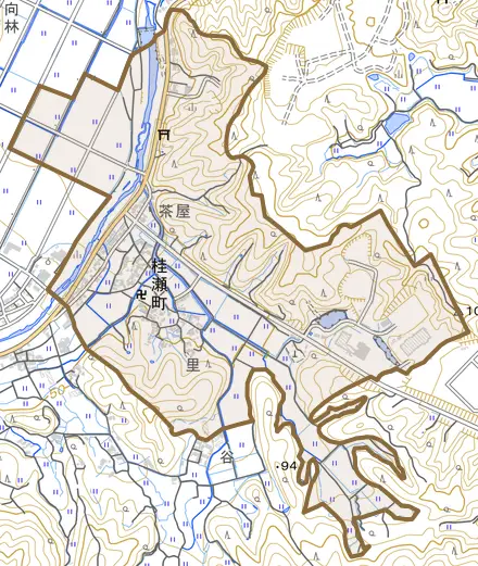 桂瀬町とその周辺の地図。町の範囲を重ねている