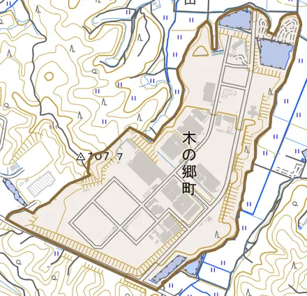 木の郷町とその周辺の地図。町の範囲を重ねている