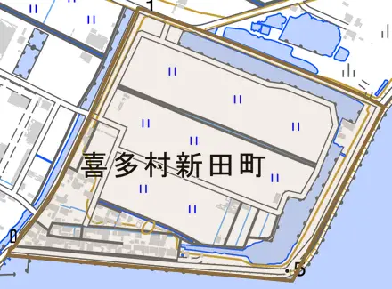 喜多村新田町とその周辺の地図。町の範囲を重ねている