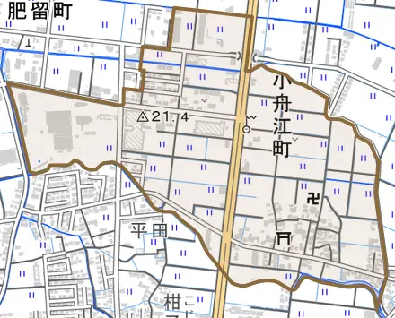 小舟江町とその周辺の地図。町の範囲を重ねている