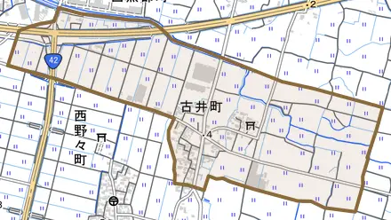 古井町とその周辺の地図。町の範囲を重ねている