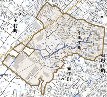 小黒田町とその周辺の地図。町の範囲を重ねている