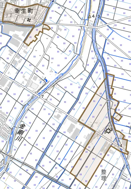 幸生町とその周辺の地図。町の範囲を重ねている