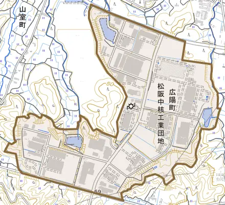 広陽町とその周辺の地図。町の範囲を重ねている