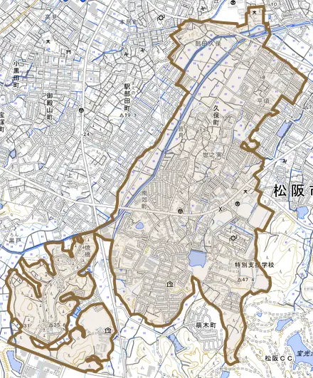 久保町とその周辺の地図。町の範囲を重ねている