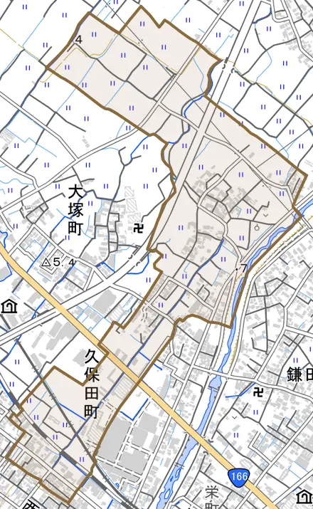 久保田町とその周辺の地図。町の範囲を重ねている