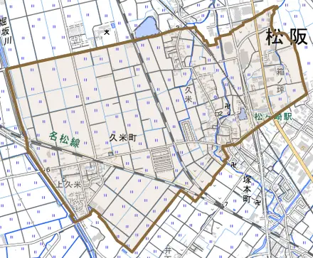 久米町とその周辺の地図。町の範囲を重ねている