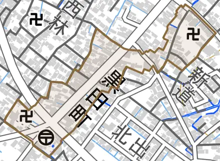 黒田町とその周辺の地図。町の範囲を重ねている