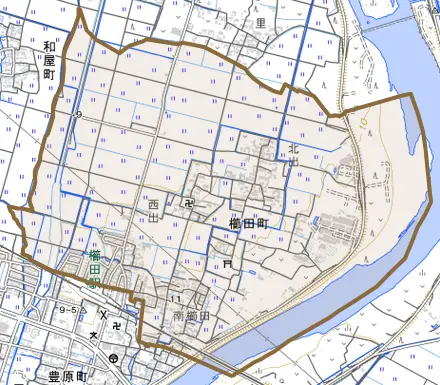 櫛田町とその周辺の地図。町の範囲を重ねている