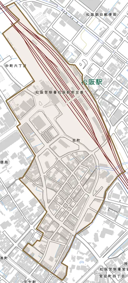 京町とその周辺の地図。町の範囲を重ねている