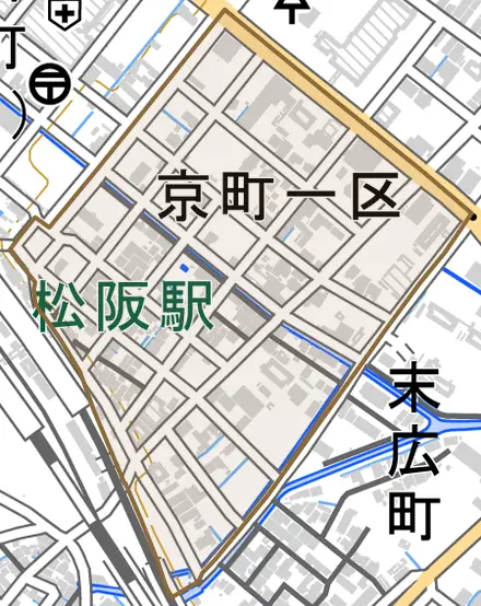 京町一区とその周辺の地図。町の範囲を重ねている