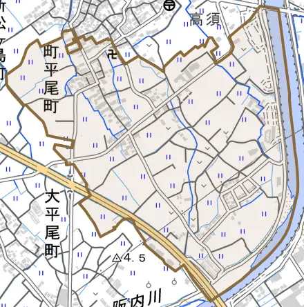 町平尾町とその周辺の地図。町の範囲を重ねている