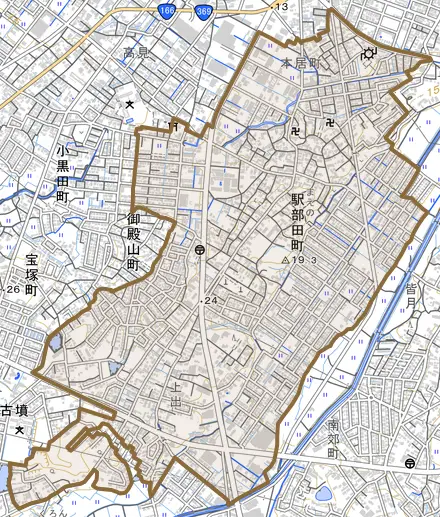 駅部田町とその周辺の地図。町の範囲を重ねている
