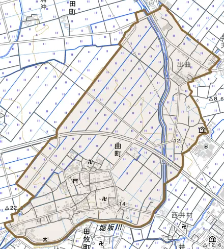 曲町とその周辺の地図。町の範囲を重ねている