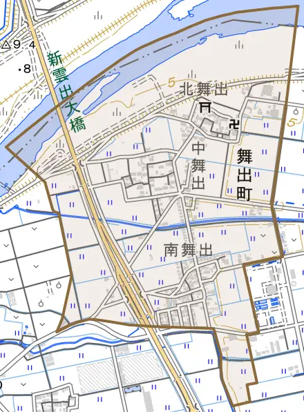 舞出町とその周辺の地図。町の範囲を重ねている