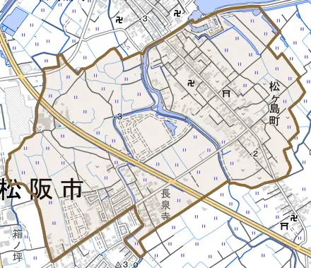 松ヶ島町とその周辺の地図。町の範囲を重ねている